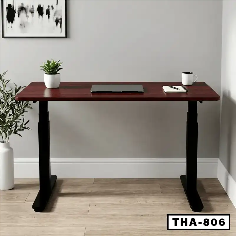 Modern standing computer desk with wood surface, black legs in minimalist home office