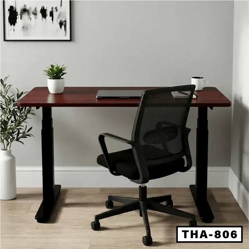 Standing computer desk with dark wood top, black frame, office chair, and potted plant Main image