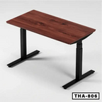 Adjustable standing computer desk with walnut wood top and black metal legs, model THA-806.