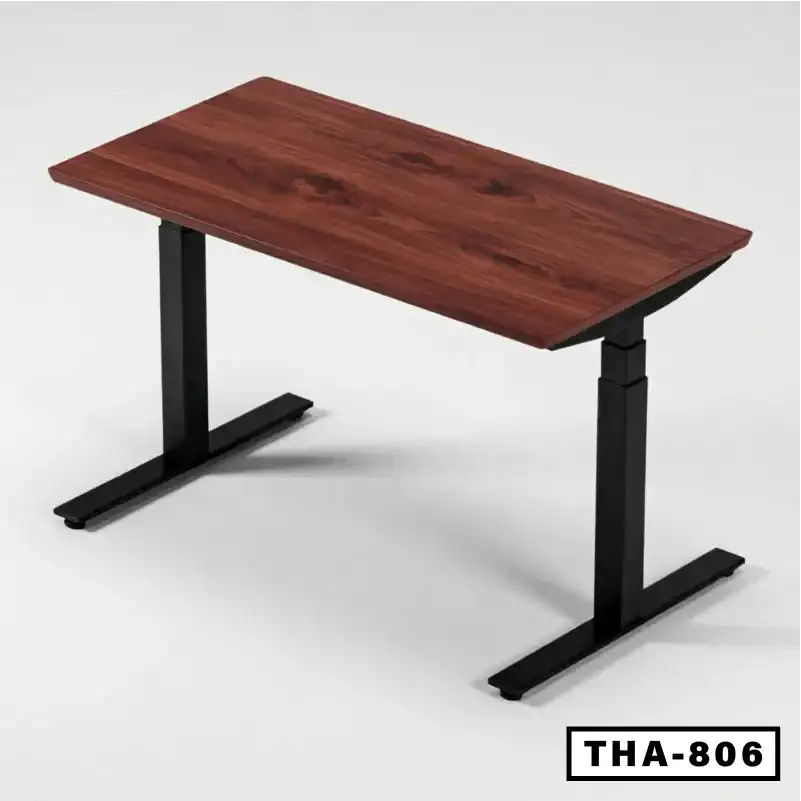 Adjustable standing computer desk with walnut wood top and black metal legs, model THA-806.