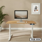 Modern standing computer desk with wooden top and white legs, office setup, THA-810