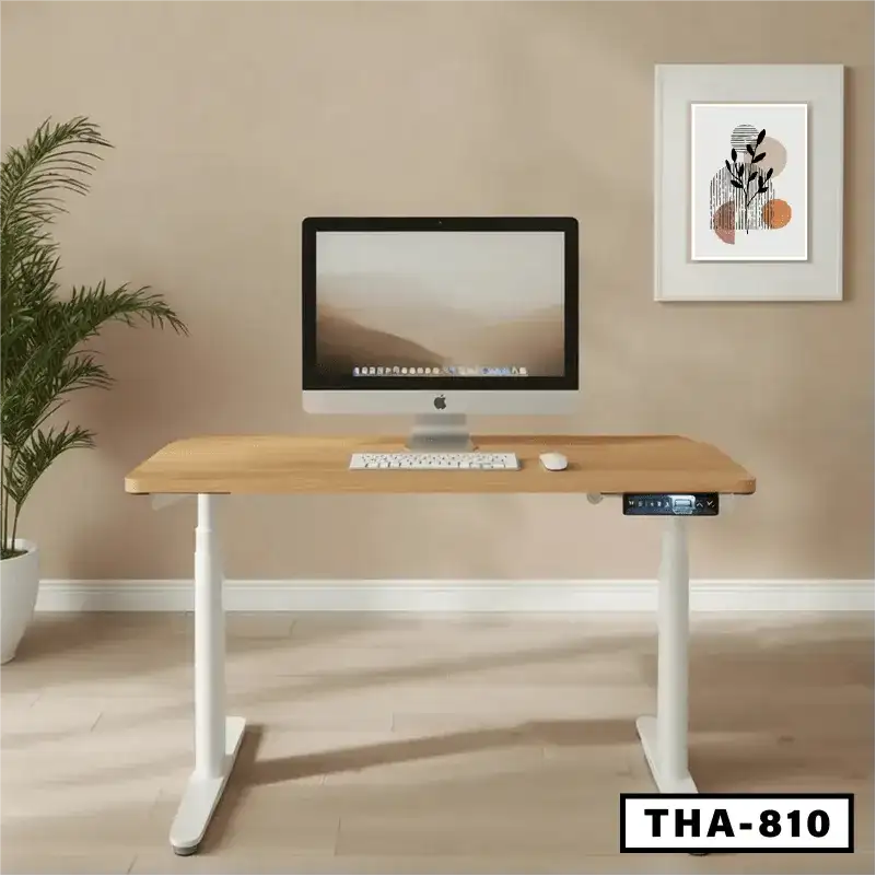 Modern standing computer desk with wooden top and white legs, office setup, THA-810