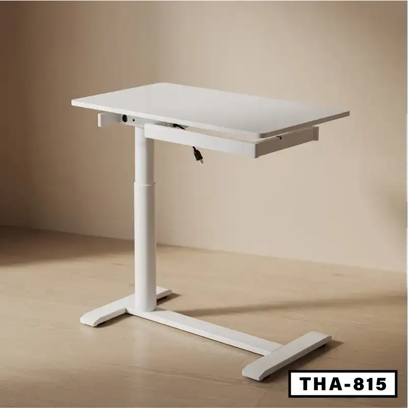 Modern white adjustable standing desk THA-815 for home office use on wooden floor