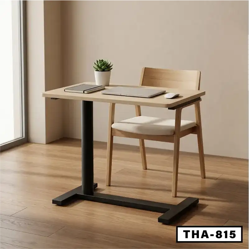 Modern standing desk with wooden top, black metal legs, chair, and home office decor