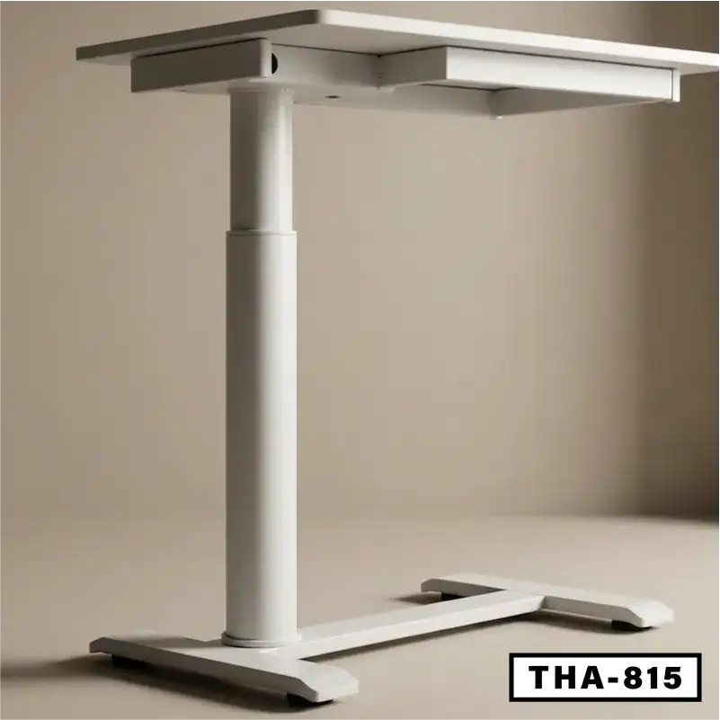 Modern adjustable white standing desk with sturdy metal frame, model THA-815