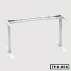 White standing desk frame with double motors and adjustable legs on a plain background