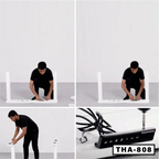 Man assembling white standing desk with double motors, close-up of control panel, model THA-808