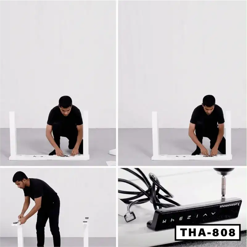 Man assembling white standing desk with double motors, close-up of control panel, model THA-808