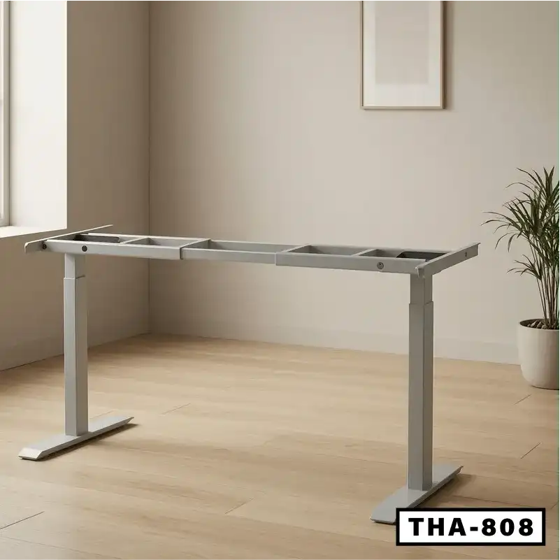 Height adjustable standing desk frame with double motors in a modern office setting