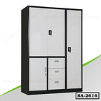 Modern steel almirah with multiple lockable doors and drawers, black and white finish