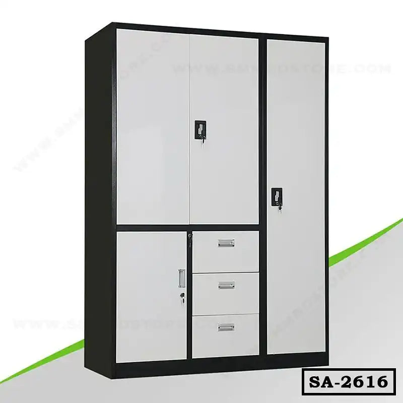 Modern steel almirah with multiple lockable doors and drawers, black and white finish