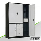 Steel almirah with multiple lockable compartments, cabinets, and drawers for office storage