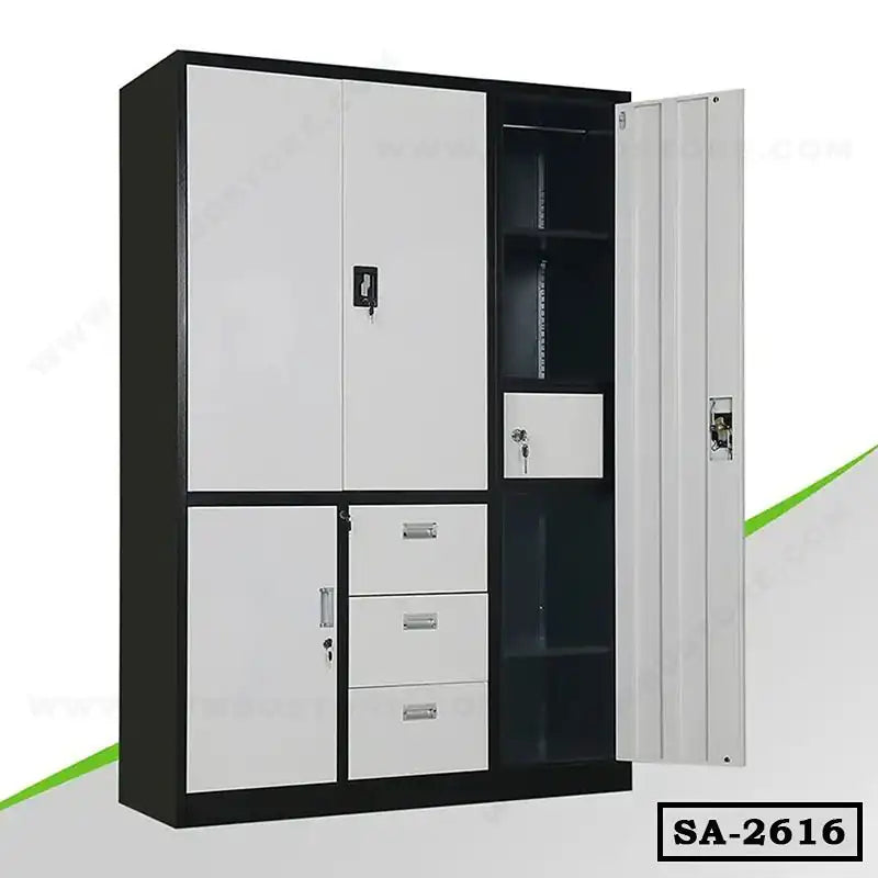 Steel almirah with multiple lockable compartments, cabinets, and drawers for office storage