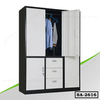 Steel almirah with white doors, hanging clothes, drawers, and storage compartments