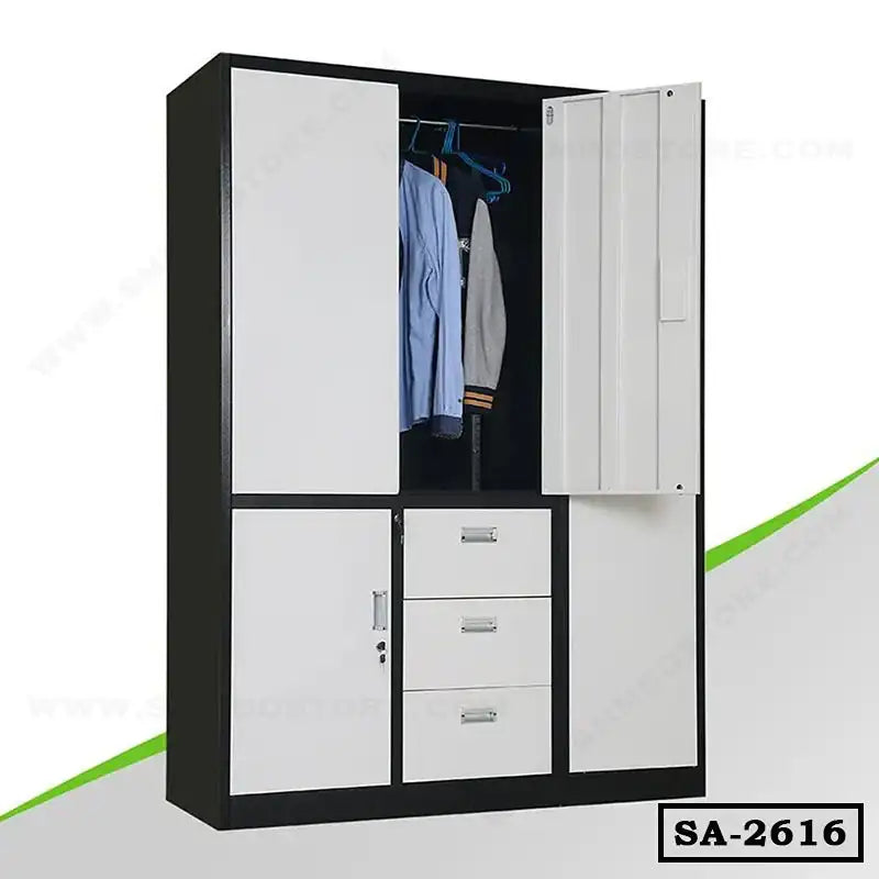 Steel almirah with white doors, hanging clothes, drawers, and storage compartments