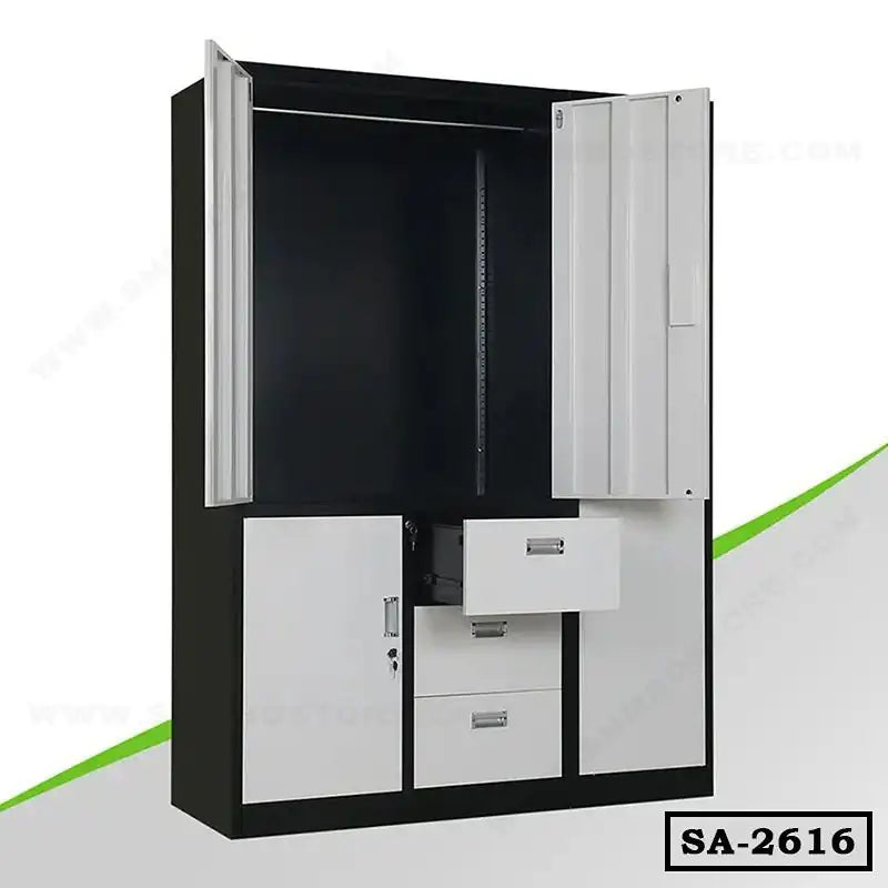 Steel almirah with double doors, lockable drawers, and storage compartments for home or office