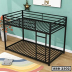 Black steel bunk bed frame with built-in ladder, modern bedroom furniture on wooden floor