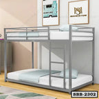 Modern gray steel bunk bed with ladder, white mattresses, and minimalist bedroom decor