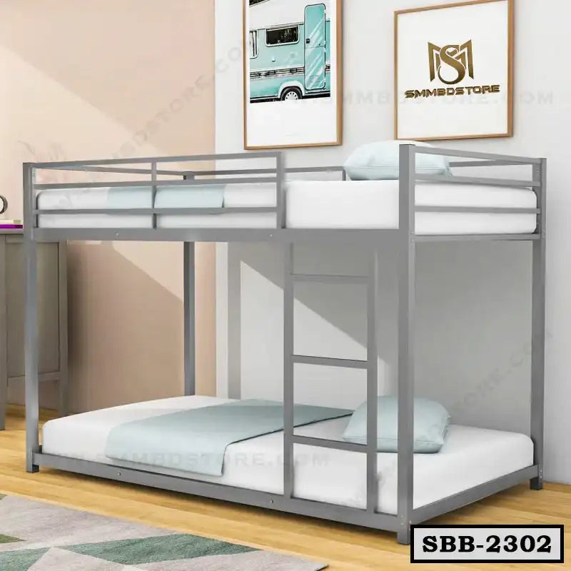 Modern gray steel bunk bed with ladder, white mattresses, and minimalist bedroom decor