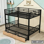 Modern black steel bunk bed with wooden storage drawers in a kids room setting