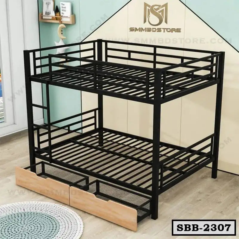 Modern black steel bunk bed with wooden storage drawers in a kids room setting