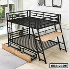 Modern steel bunk bed with black frame, wooden desk, and under-bed storage in a bright room