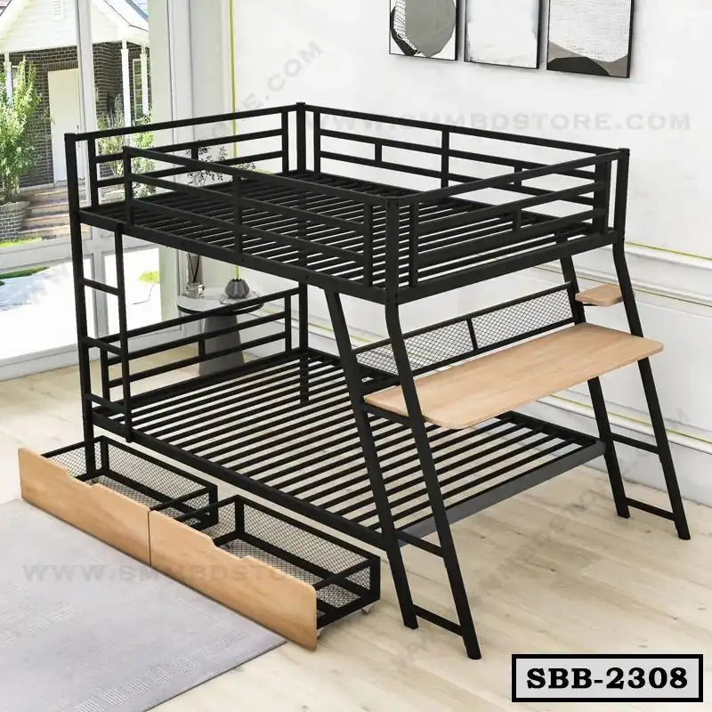 Modern steel bunk bed with black frame, wooden desk, and under-bed storage in a bright room