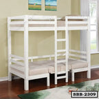 Modern white steel bunk bed with seating area, ladder, and soft cushions in a bright room.