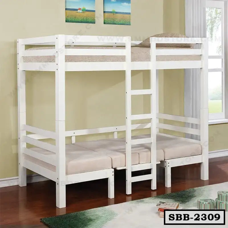 Modern white steel bunk bed with seating area, ladder, and soft cushions in a bright room.
