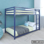 Modern steel bunk bed with ladder, blue frame, bedding in a bright bedroom setting