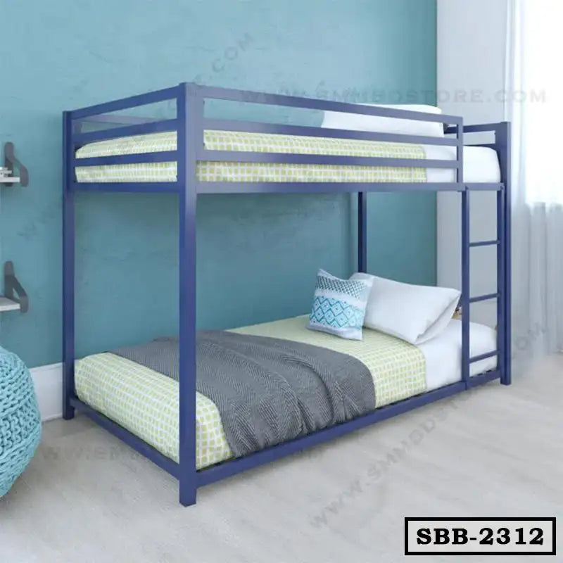 Modern steel bunk bed with ladder, blue frame, bedding in a bright bedroom setting