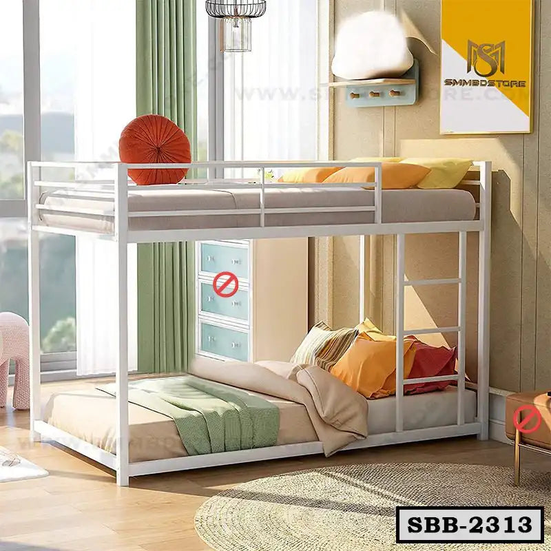 Modern steel bunk bed with two beds, safety rails, and colorful pillows in a bright bedroom.