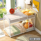 Modern white steel bunk bed with colorful bedding in a bright, sunlit bedroom