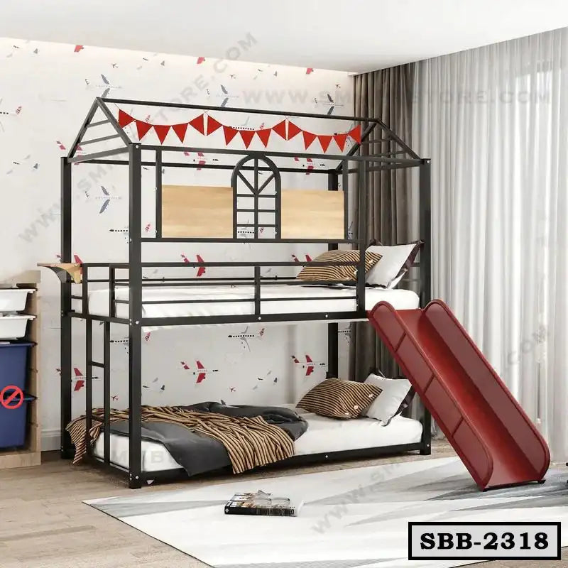 Kids steel bunk bed with slide, house-shaped frame, and decorative red banner in bedroom