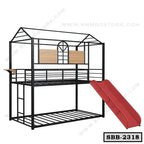 Steel frame bunk bed with top safety rails, wooden accents, attached slide, and loft style design