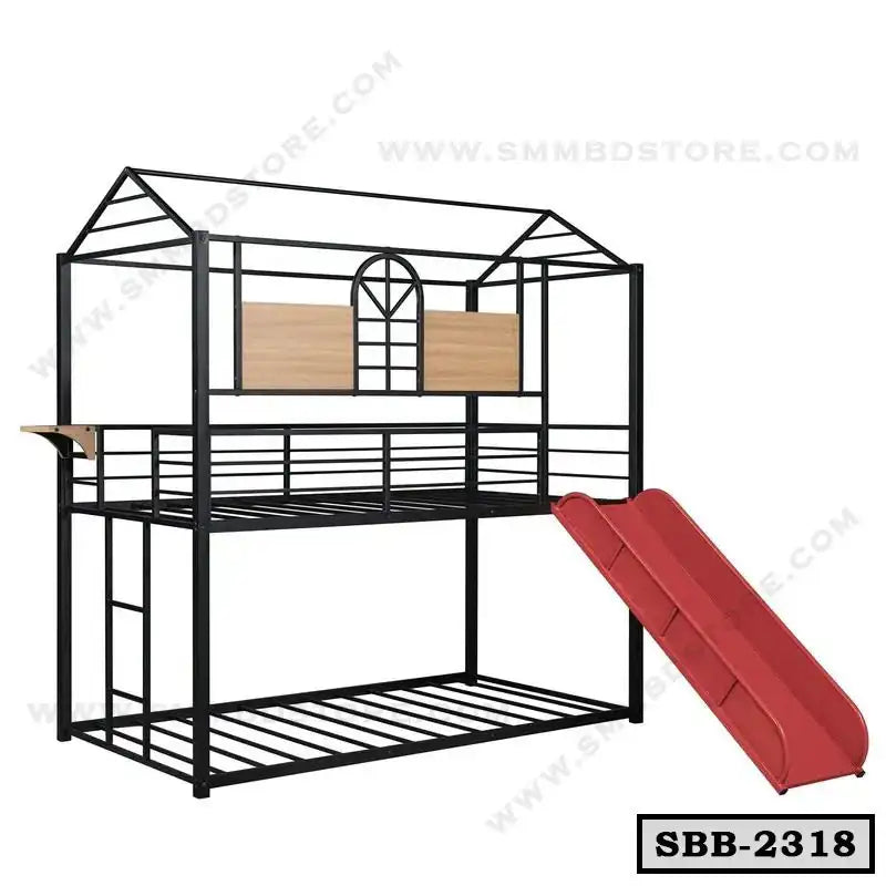 Steel frame bunk bed with top safety rails, wooden accents, attached slide, and loft style design