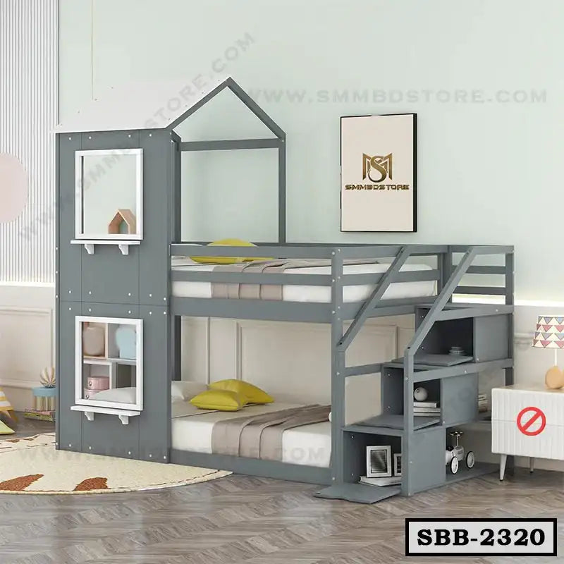Gray steel bunk bed with storage stairs, house-shaped frame, and two beds in a modern bedroom. Main image
