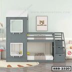 Modern steel bunk bed with ladder and storage drawers in a children’s room setting