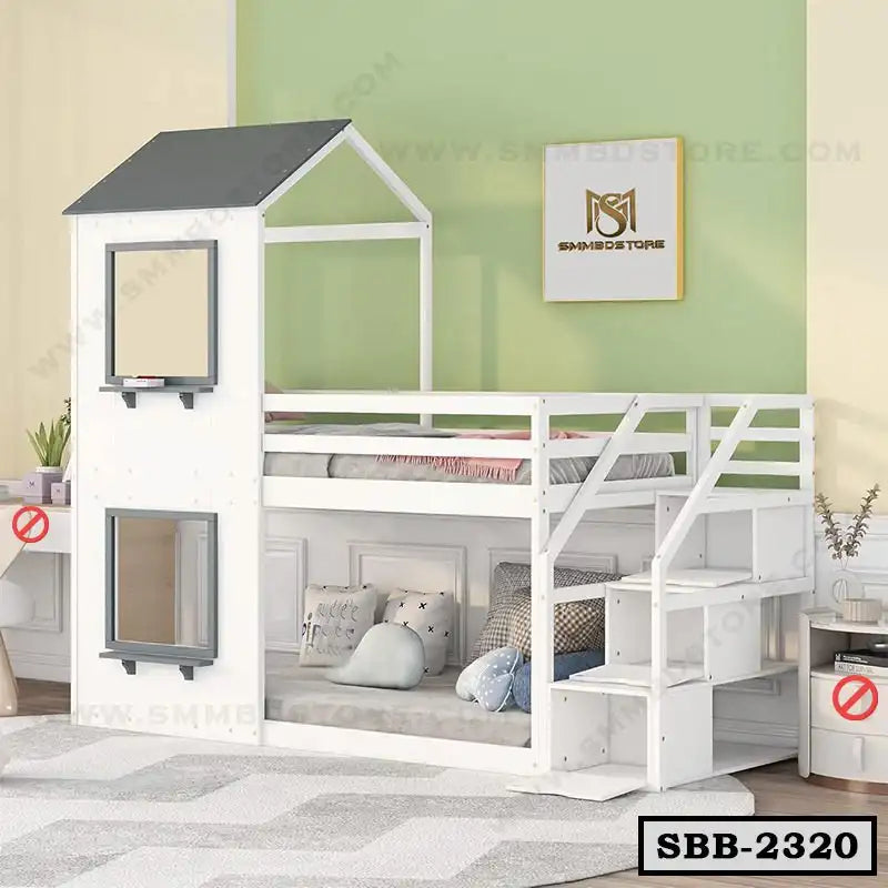 Modern white steel kids bunk bed with stairs and house-shaped frame in a bedroom setting
