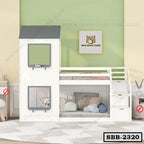 Modern white steel bunk bed with built-in stairs and storage in a kids' bedroom.