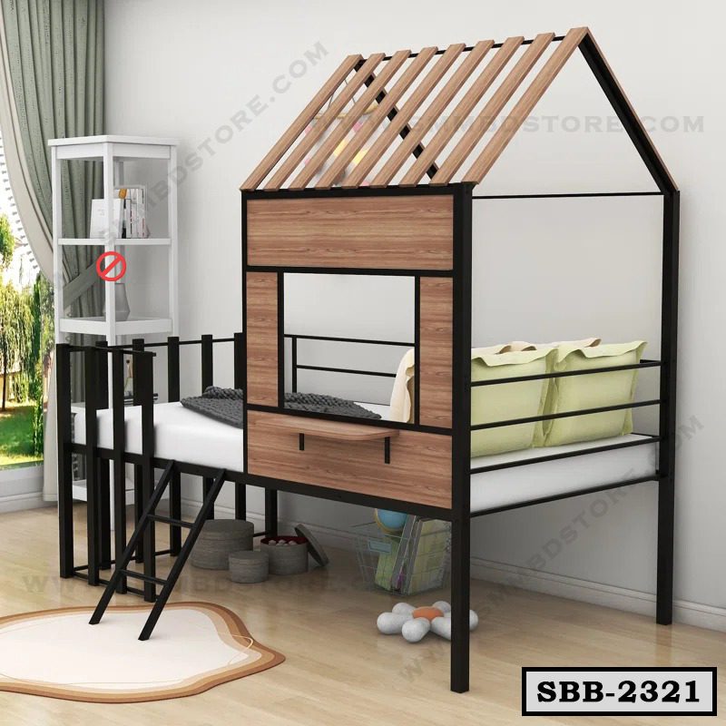 Twin Size Metal House Loft Bed with Roof and Window SBB-2321