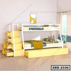 Modern steel bunk bed with yellow steps, built-in storage drawers, and trundle in bright bedroom