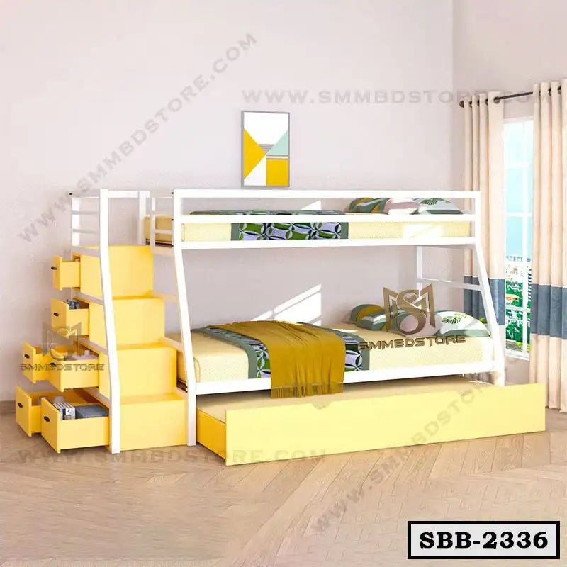 Modern steel bunk bed with yellow steps, built-in storage drawers, and trundle in bright bedroom