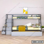 Modern steel bunk bed with staircase and storage in a bright bedroom setting.