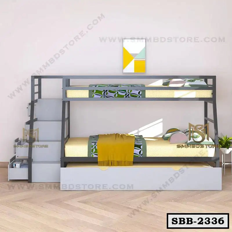 Modern steel bunk bed with staircase and storage in a bright bedroom setting.