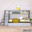 Modern steel bunk bed with staircase and storage in a bright bedroom setting.