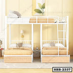 Modern steel triple bunk bed with white frame and wood accents in a cozy bedroom setting
