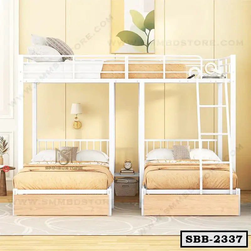 Modern steel triple bunk bed with white frame and wood accents in a cozy bedroom setting