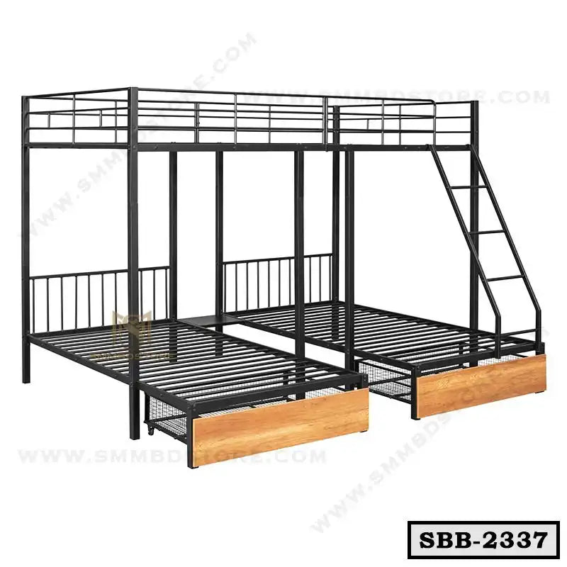 Steel bunk bed with black metal frame, wooden drawers, and ladder for home or office use