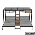 Modern steel bunk bed with wooden steps, sturdy frame, ideal for home or dormitory use.